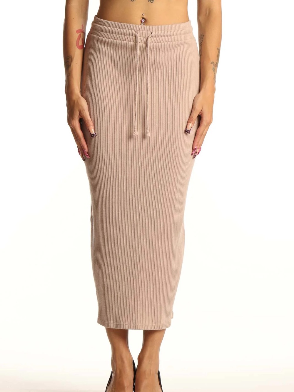 Zara Ribbed Knit Drawstring Skirt - apricot/ taupe
